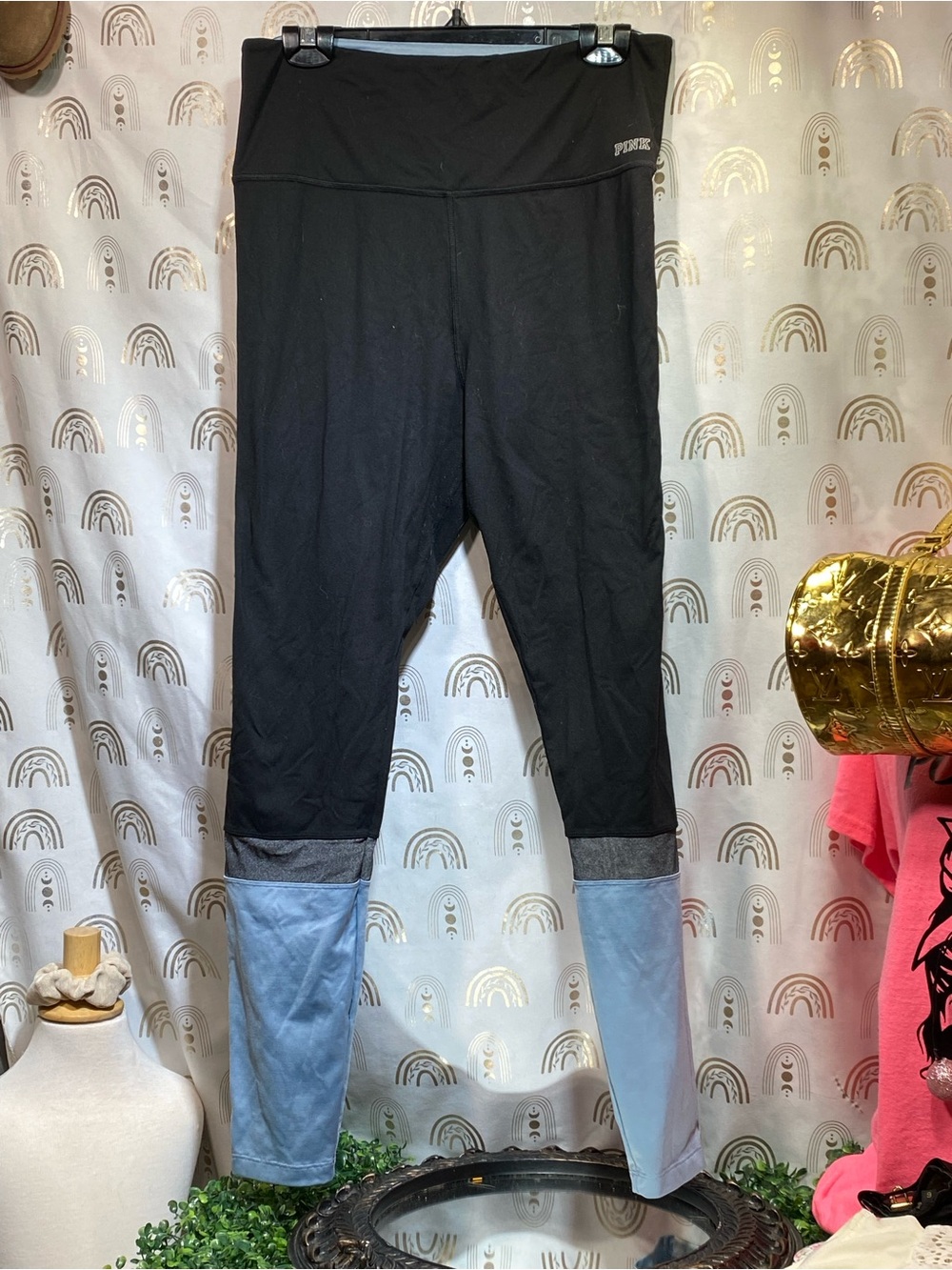 PINK Victoria's Secret Black Leggings with Light Blue Lower Panels